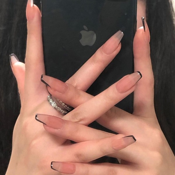 Cover akryl svarta falska naglar - 24st medelstora trycknaglar med design för kvinnor
