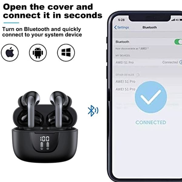 Bluetooth 5.3 trådløse ørepropper med LED-display ladeetui, vanntett for Android, iPhone, løping, sport, arbeid