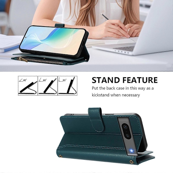Magnetisk Stängning 9 Kortplatser Dragkedja Läderfodral med Handrem Dark Green For Google Pixel 7 5G