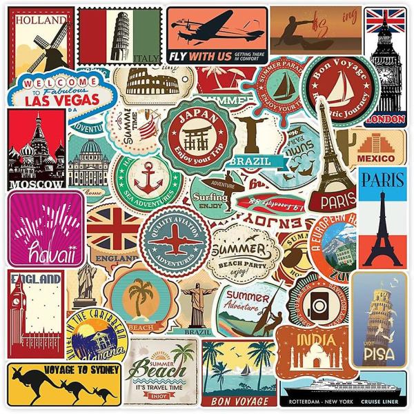 100st datorresväska klistermärken, reseklistermärken, land, stad, strand många och olika, färgglada klistermärken att dekorera fotoalbum eller att fästa på