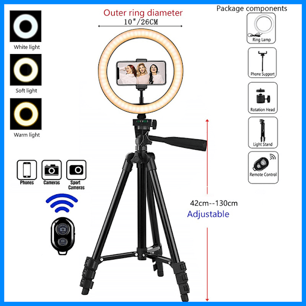 10ft Ring Light med 50ft uttrekkbart hvitt stativ, sirkulært LED-lys
