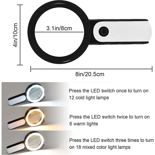 Forstørrelsesglass med lys, 30x håndholdt opplyst opplyst forstørrelsesglass 18led-lys