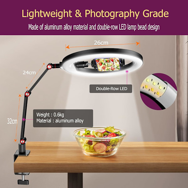 25 cm (10 tommer) skrivebordsringlampe med brakett og mobiltelefonbrakett, overhead brakettringlampe, brakett med justerbar skrivebordsarm.
