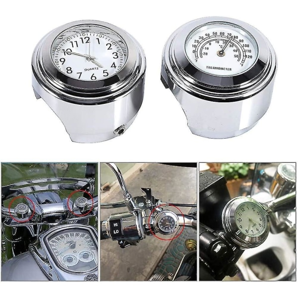 Motorsykkelstyreklokke, 7/8" vanntett Motorsykkelstyremontert digital klokke og temperaturtermometer hvit