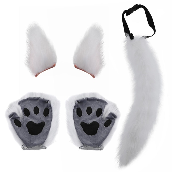 Wolf Fox Tail Clip Ears Set Halloween Fancy Party Accessories White