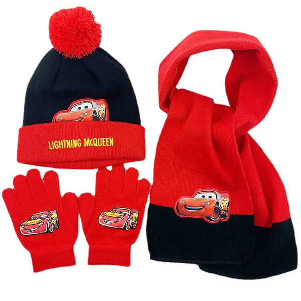 Barnbilar Lightning Mcqueen Cartoon Warm Stickad Hat Scarf och handskar set för 3-8 år Black Red