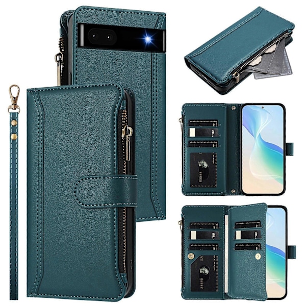 Magnetisk Stängning 9 Kortplatser Dragkedja Läderfodral med Handrem Dark Green For Google Pixel 6a
