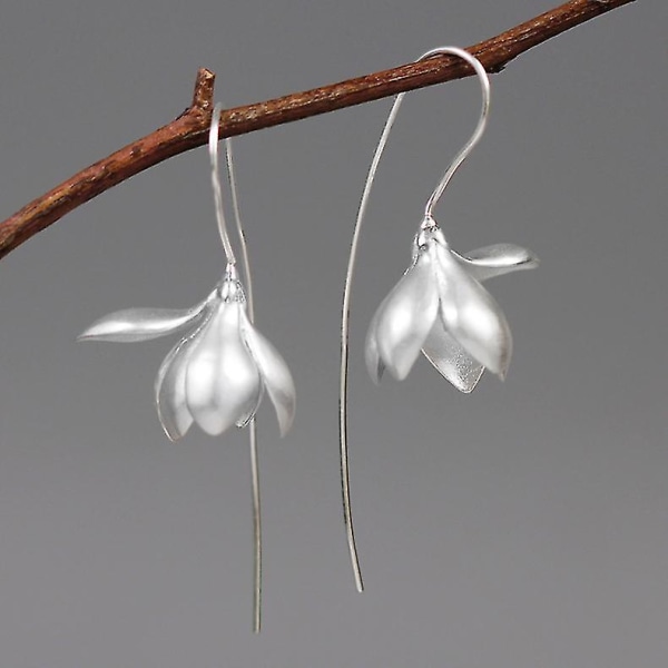 S925 Sterling Sølv øredobber Elegante Magnolia Flower Drop Øredobber Natural Silver