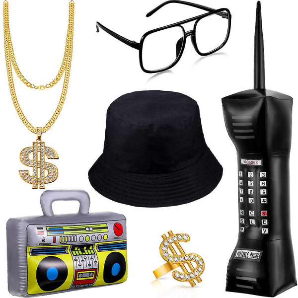 80/90-tals rappare Hip Hop Kostym Kit, Hatt, Solglasögon, Guldkedja, Bucket Hat, Boom Box Och Ring Cosplay Rekvisita Roliga Kostymer Outfit För Män Kvinnor