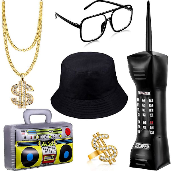 80-/90-tals Rapper Hip Hop Kostym Kit, Hatt, Solglasögon, Guldkedja, Bucket Hat, Boom Box Och Ring Cosplay Rekvisita Roliga Kostymer Outfit För Män Kvinnor