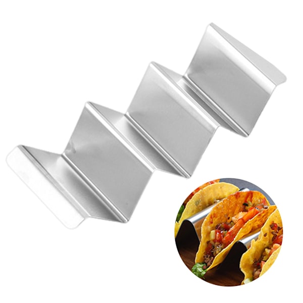 Ruostumattomasta teräksestä valmistettu taco-teline tarttumaton uudelleenkäytettävä pannukakkuteline, johon mahtuu jopa 3 tacoa, astianpesukoneen ja mikroaaltouunin kestävä burrito-teline, keittiön leivontatarvike