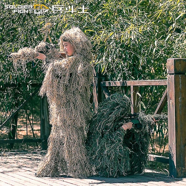 Børnestørrelse Ghillie Suit Camo Woodland Camouflage Skovjagtspil 5-delt taske White 130