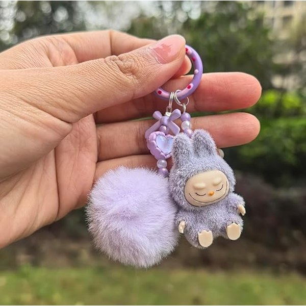 Labubu Macaron Monster Nøkkelring Den Spennende Monster Macarons Vinyl Ansikt Plysj Nøkkelringer Kunst Samleobjekter Leker Gaver Purple