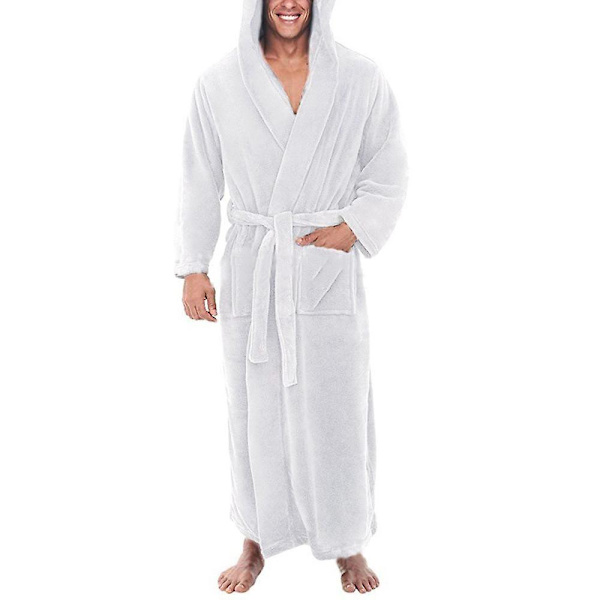 Fleeceforet Badekåpe med Hette for Menn, Myk, Ensfarget, Lang Morgenkåpe Nattøy White 2XL