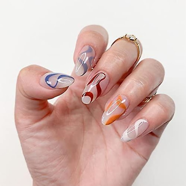 24 st Press On Nails Medium Mandel Fake Nails Rainbow Wave Lim On Nails För Kvinnor Flickor Full Cover Stick On Nails