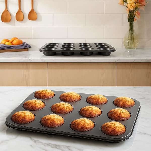12-kops non-stick muffinform sæt med 2 - Bageform i kulstofstål med silikonebørste - Non-stick ovnform til cupcakeforme