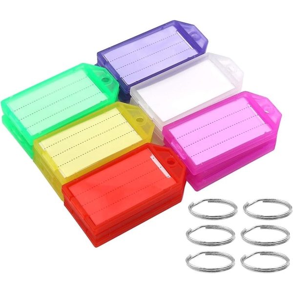 60 pakkauksen kestävää muovia avainlappuja vahvalla halkaistulla renkaalla ja läppätarralla ikkunan värillinen tunnistetunnus avaimenperämerkki matkatavaroihin, 6 eri väriä