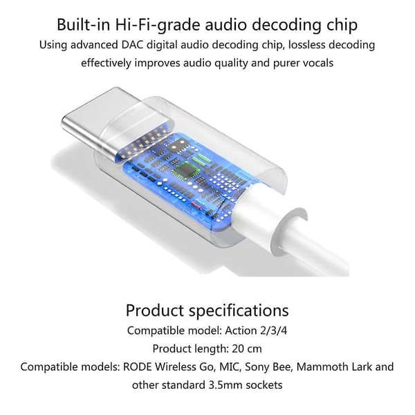 3,5 mm USB-C lydadapterkabel for Rode-mikrofoner/for Action 4/3/2