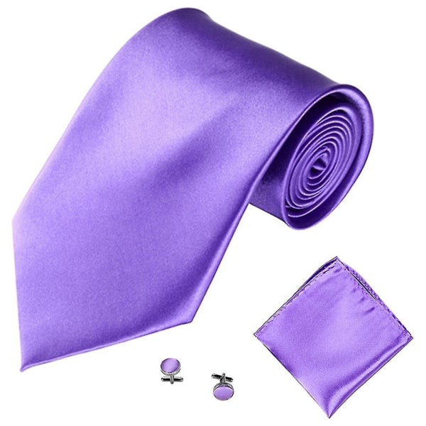 Herremote ensfargede dresser Slips Slips Mansjettknapper Hanky ​​Set Tuxedo Suit Purple