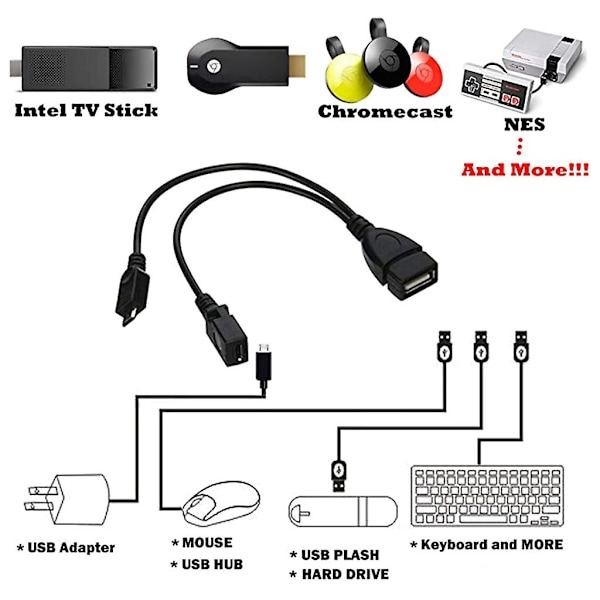 2-i-1 Micro USB til USB Adapter (OTG Kabel + Strømkabel) - 2 Pakker / 20cm