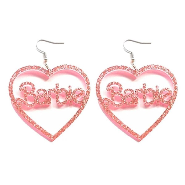 Barbie Pink Hjerte Øreringe Glitter Akryl Hjerteformede Bogstaver Hule Øreringe Moderne Barbiestyle Øreringe