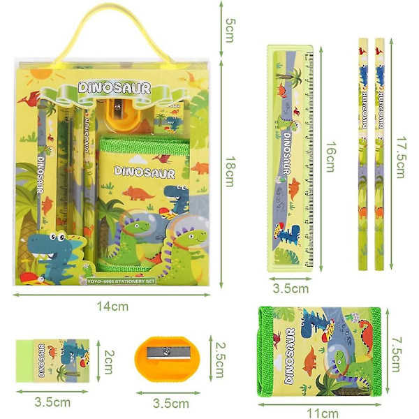 Dinosaur Stationery Set, Stationery Gaveæske, Inkluderer 2 stk. Etuier, Linealer, Viskelæder, Blyantspidser og Møntpung