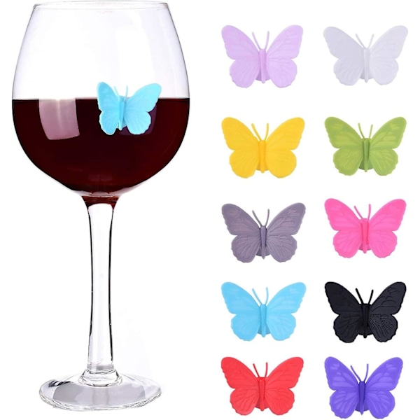 Vinglassmarkører Sett med 10 Silikon Drikk Glass Charms & Vin Charm Tags med Sugkopp (Sommerfugl Assortert)