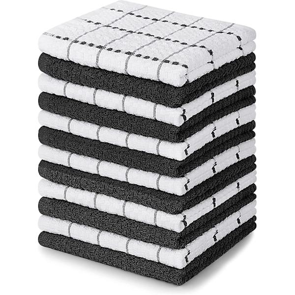 12 Køkkenhåndklæder Sæt - 38 X 64 Cm, Sort og Hvid - 100% Ringspundet Bomuld Super Bløde og Absorberende Viskestykker, Te-håndklæder og Barhåndklæder