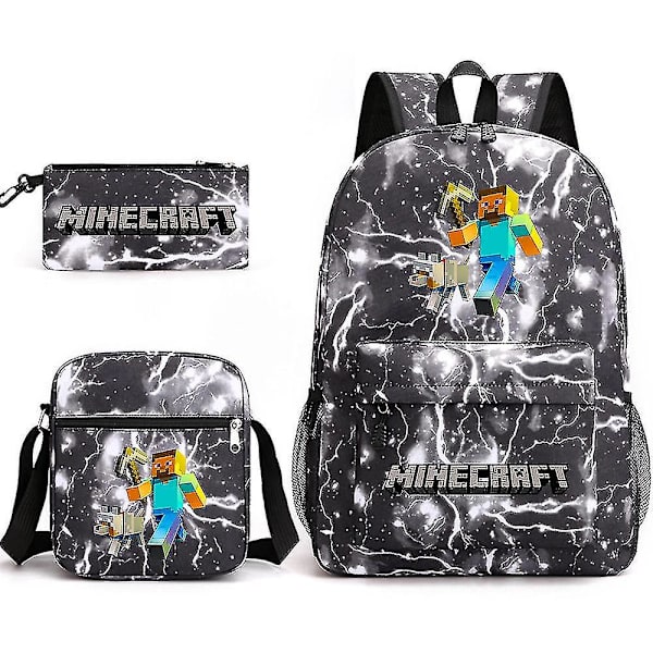 Minecraft skolesekk for barn, spillrelatert, stor kapasitet, trykt tredelt skolesekk for gutter og jenter lightning black