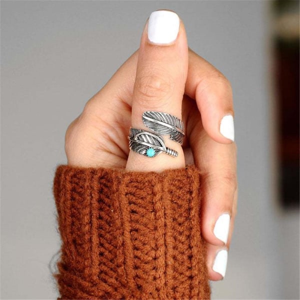 Ringar Boho Fjäder Turkos Justerbar Ring Representerar Nya Början Silver