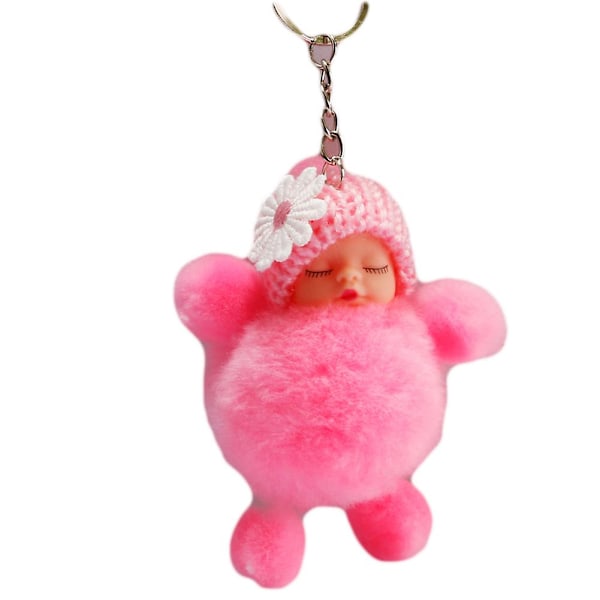 Sovende Baby Sløjfe Fluffy Pompom Plys Dukke Hængende Vedhæng Nøglering Pink Flower