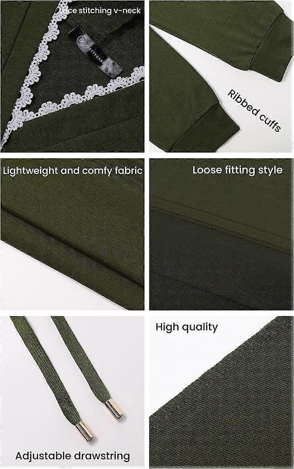 Hettegensere for kvinner, langermet, avslappet, med snor, blondekant, V-hals, ensfarget, pullover Medium