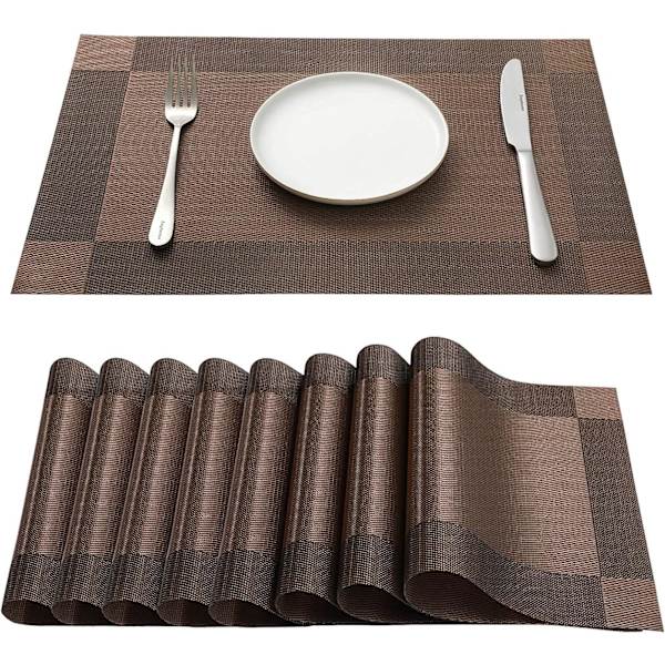 Alusmattosetti 8 kpl PVC-pöytäalustat pestävät lämmönkestävät liukumattomat lämmöneristys keittiölle ja ruokailutilaan 45CM x 30CM ruskea brown