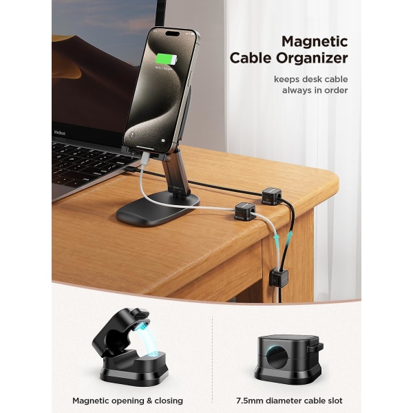 6-pak magnetiske kabelclips [kabel glat justerbar] ledningsholder, kabelstyring under skrivebordet, selvklæbende ledningsholder Keeper Organizer til hjemmekontor Black