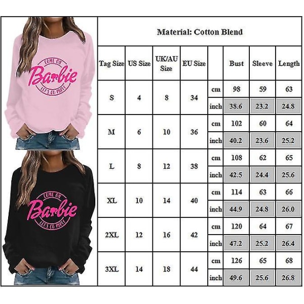 Barbie Dametrykt Langærmet Rundhals Afslappet T-shirt Sweatshirt Pullover Bluse Toppe Pink 2 S