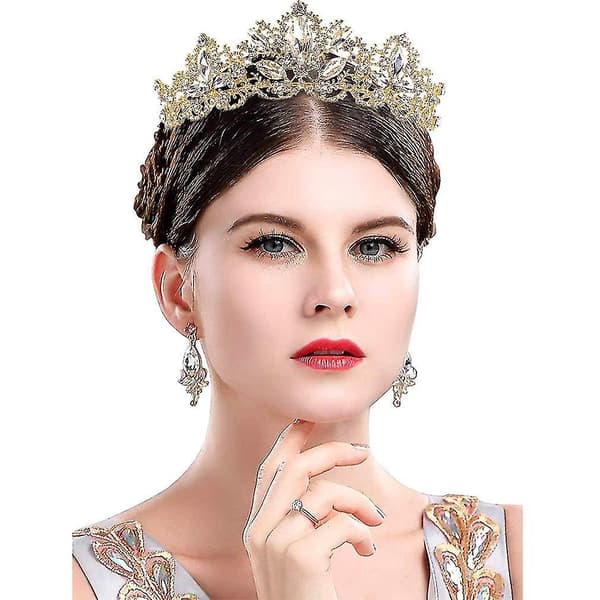 Guld Tiara til Brud, Rhinestone Dronning Tiara Krone, Guld