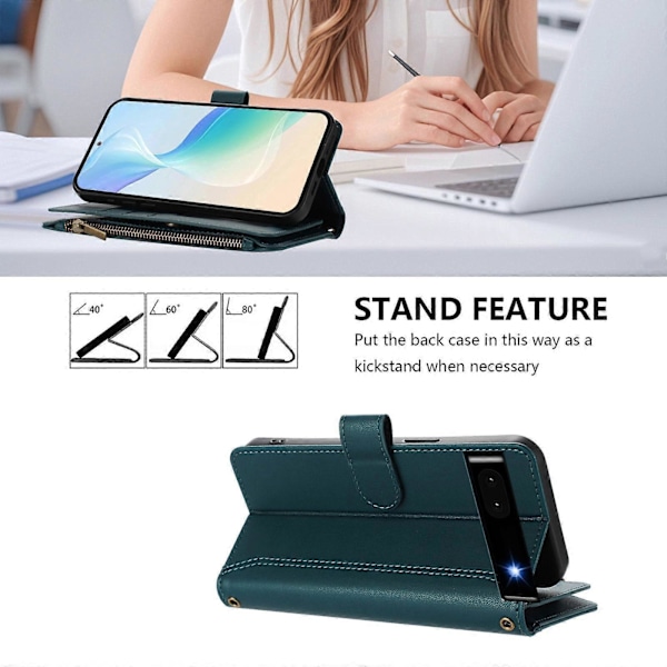 Magnetisk Stängning 9 Kortplatser Dragkedja Läderfodral med Handrem Dark Green For Google Pixel 6a
