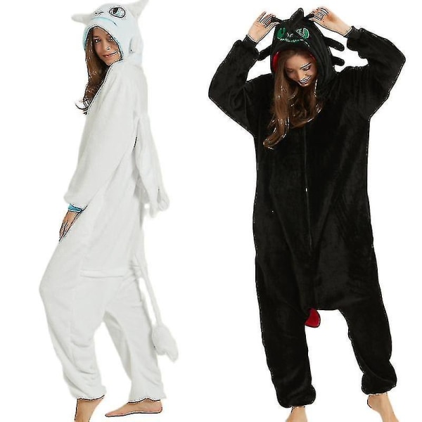 Tandløs drage Hvid Sort Onesie Voksen Unisex Flanell Pyjamas Anime Cosplay Træn din nat Fury Nattøj V Black 125  131*140cm