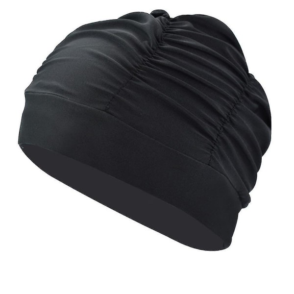 Simmössa i nylon Plisserad cap för kvinnor Långt hår Hög elastisk stor cap Snabbtorkande badmössa Black