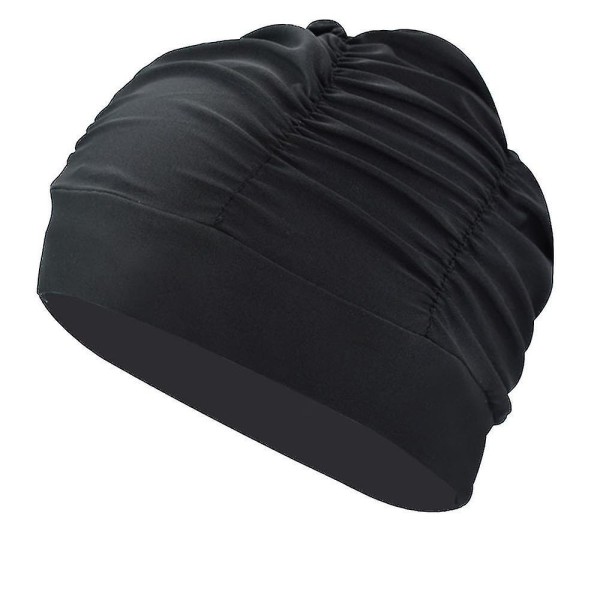 Svømmehette Nylonduk Plissert svømmehette for kvinner langt hår høy elastisk stor badehette Quick Dry Swim Hat Black