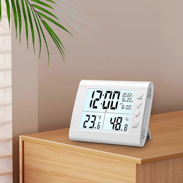 Digitalt Vækkeur Hygrometer Letlæseligt Stort Digitalt Display Husholdningstermometer Multifunktionelt Ur til Stue White