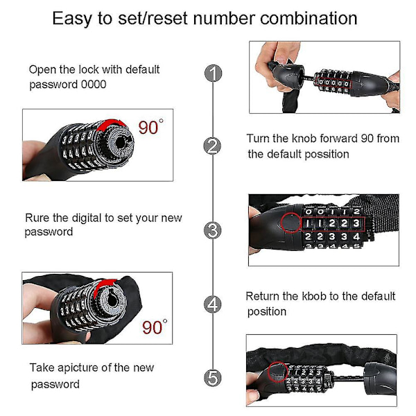 Antistöld Cykel Stålkæde Cipher Lås med 5-cifret Kodeord - Sort