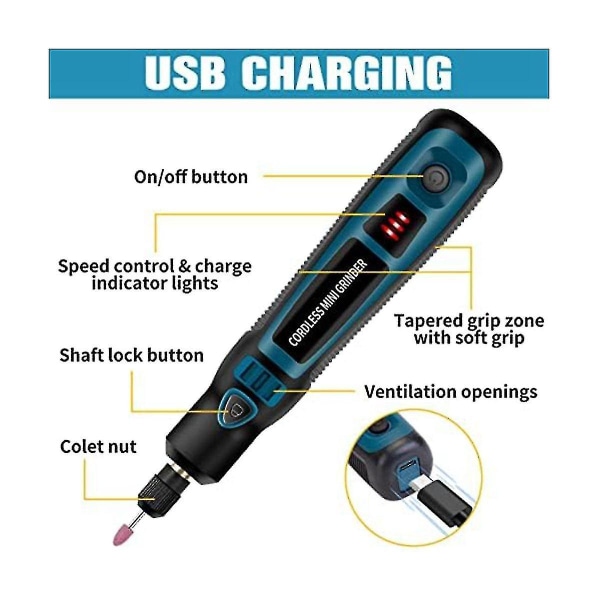 20 W kaiverruskynä 44 terällä, USB monitoiminen sähköinen johdoton kaiverrustyökalu tee-se-itse, kiillotus, kaiverruskoruihin
