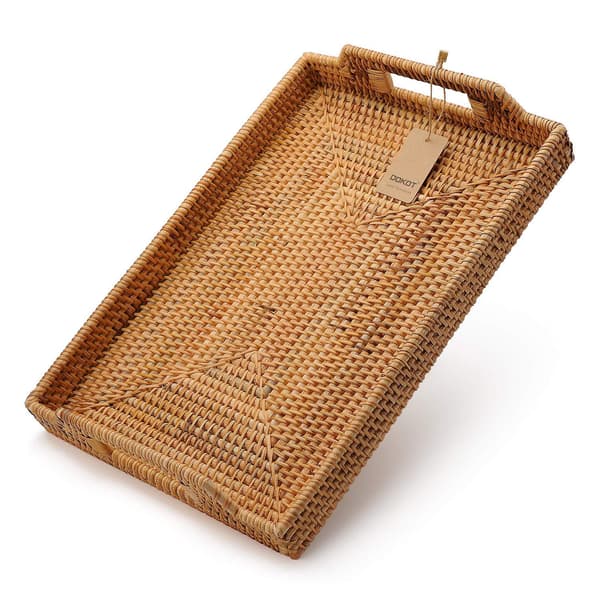 Håndvævet rattan rektangulær serveringsbakke med håndtag til morgenmad, drinks, snack til sofabordet