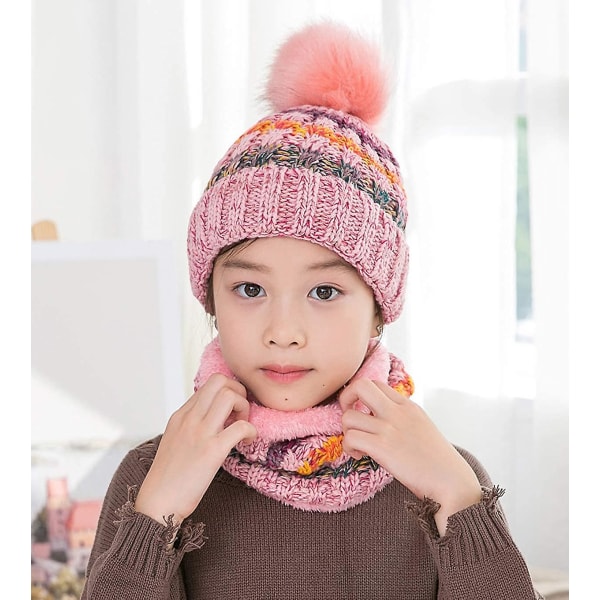 Lcztn Kids Winter Pom Beanie Hat set 5-14-vuotiaille tytöille lämmin neulottu fleecevuori Slouchy Skull Cap