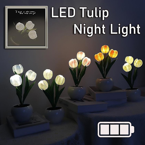 LED-tulipanlampe nattlys for innendørsdekorasjon bordlampe kunstig blomsterpotte atmosfærelampe nattbordlampe gave landskap Battery 6 Heads White