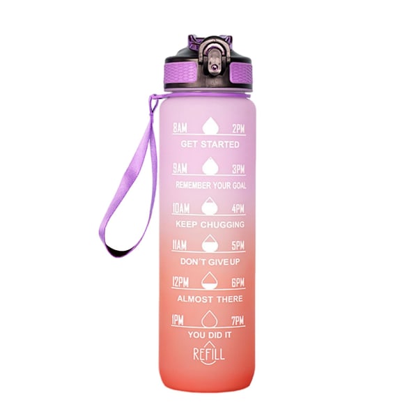 1000ml sportvattenflaska Motiverande halmflaska med tidsmarkör Läcksäker dricksflaska för utomhusbruk Pink  Purple