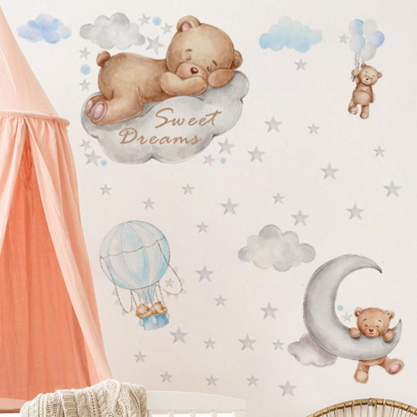 Cartoon Djur Väggdekaler Söta Björnar Sover på Molnet Självhäftande Dekaler Barnrum Dekoration Söt Dröm Måne & Stjärnor Cartoon Sticker Baby Nu