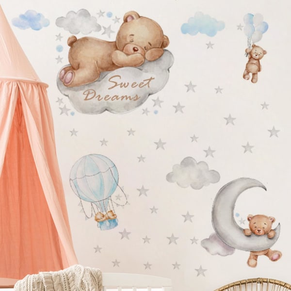 Sarjakuva Eläin seinätarra Söpö karhu nukkuu pilvellä Itsekiinnittyvät tarrat Lastenhuoneen koristelu Sweet Dream Moon & Stars Sarjakuvatarra Baby Nu