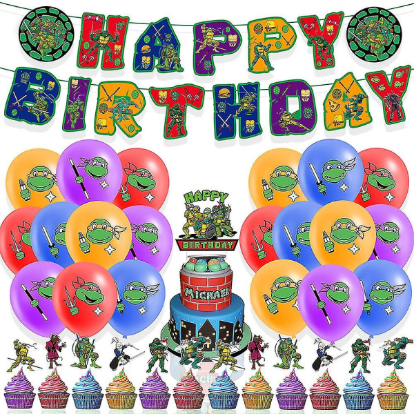 Ninja Turtles-tema bursdagsfest-dekorasjonsutstyr sett med gratulasjonsbanner, ballongsett, kaketopper